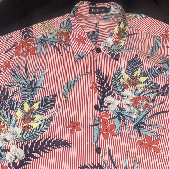VATPAVE Red Striped Floral Button Up Hawaiian Short Sleeve Aloha Shirt Mens XL - Picture 3 of 4